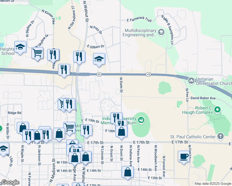map of restaurants, bars, coffee shops, grocery stores, and more near 2047 North Dunn Street in Bloomington