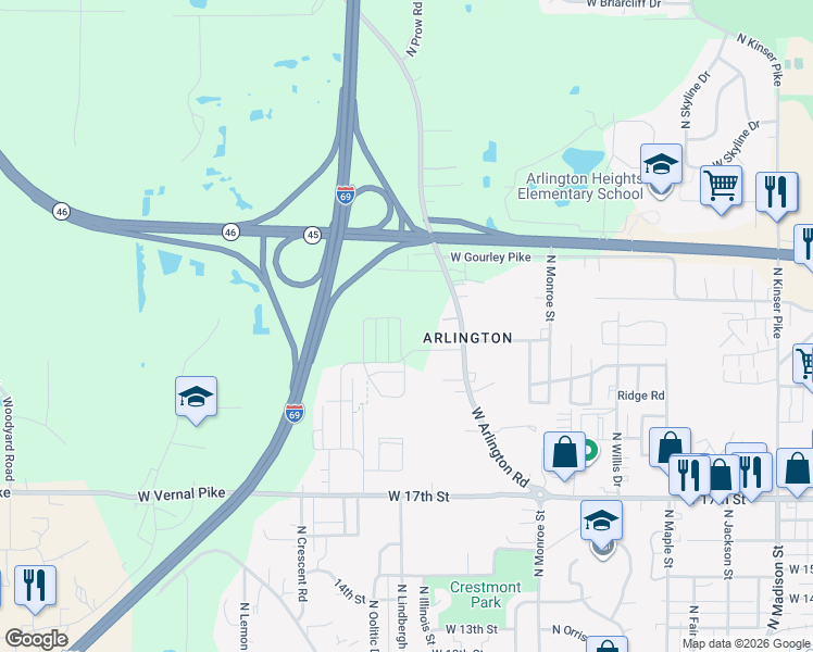 map of restaurants, bars, coffee shops, grocery stores, and more near 1403 Hickory Lane in Bloomington