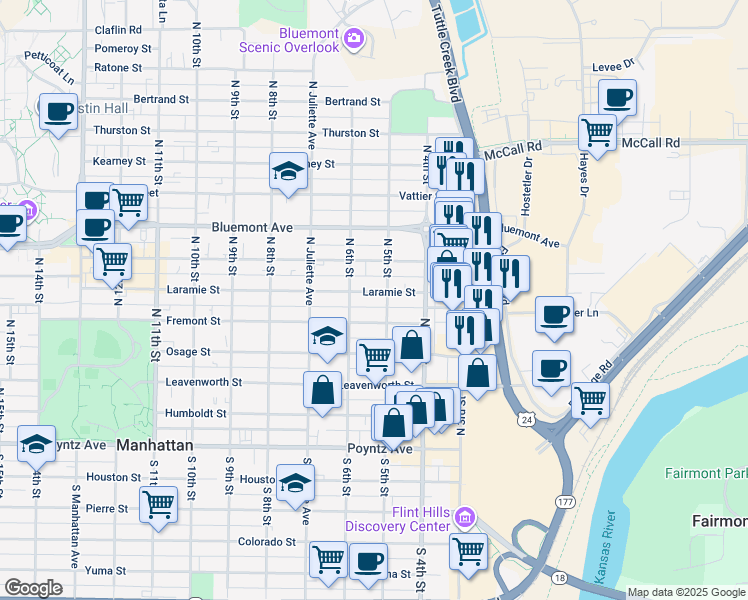map of restaurants, bars, coffee shops, grocery stores, and more near 515 Laramie Street in Manhattan