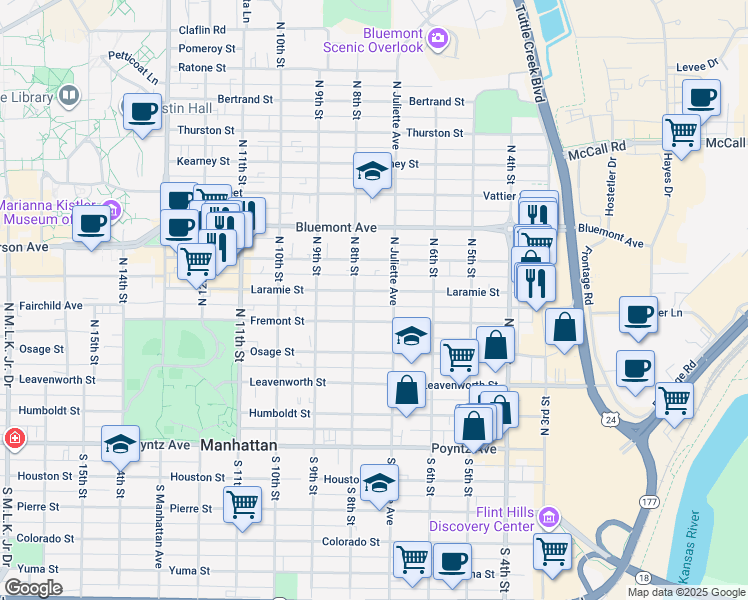 map of restaurants, bars, coffee shops, grocery stores, and more near 715 Laramie Street in Manhattan
