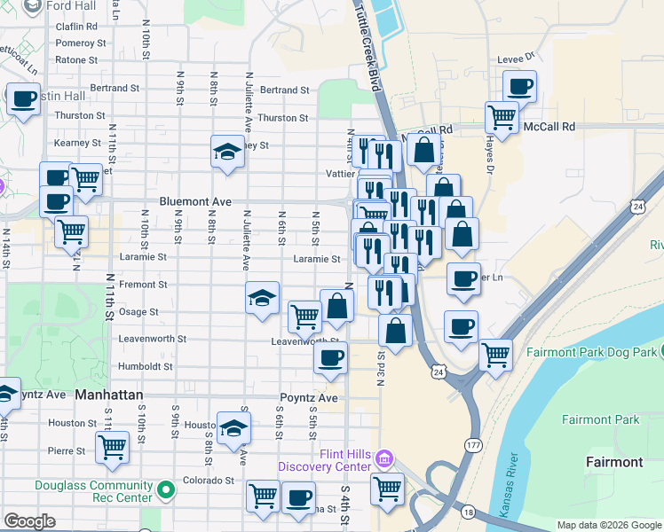 map of restaurants, bars, coffee shops, grocery stores, and more near 417 Laramie Street in Manhattan