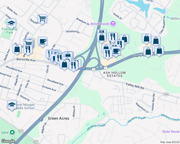 map of restaurants, bars, coffee shops, grocery stores, and more near 189 Dairy Corner Place in Winchester