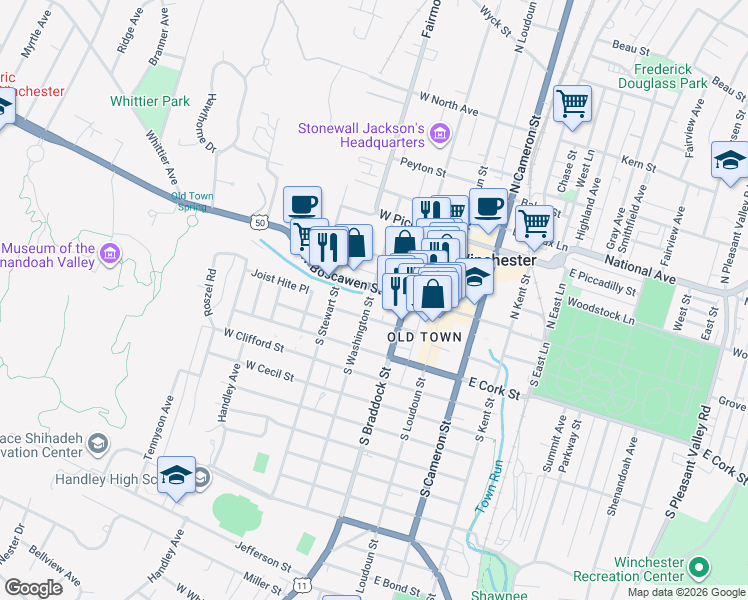 map of restaurants, bars, coffee shops, grocery stores, and more near 125 West Boscawen Street in Winchester