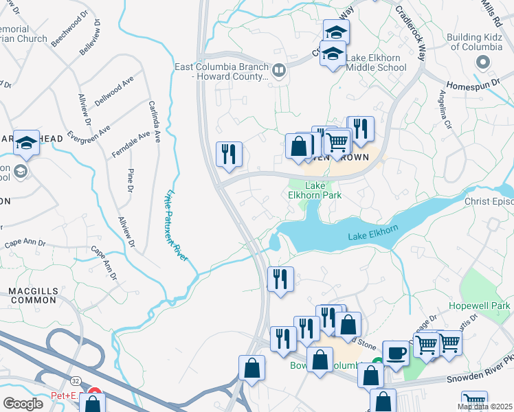 map of restaurants, bars, coffee shops, grocery stores, and more near 7446 Broken Staff in Columbia