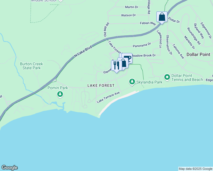 map of restaurants, bars, coffee shops, grocery stores, and more near 2800 Lake Forest Road in Tahoe City