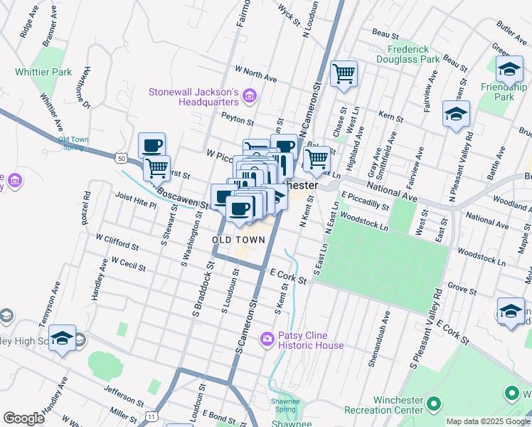 map of restaurants, bars, coffee shops, grocery stores, and more near 20 North Loudoun Street in Winchester