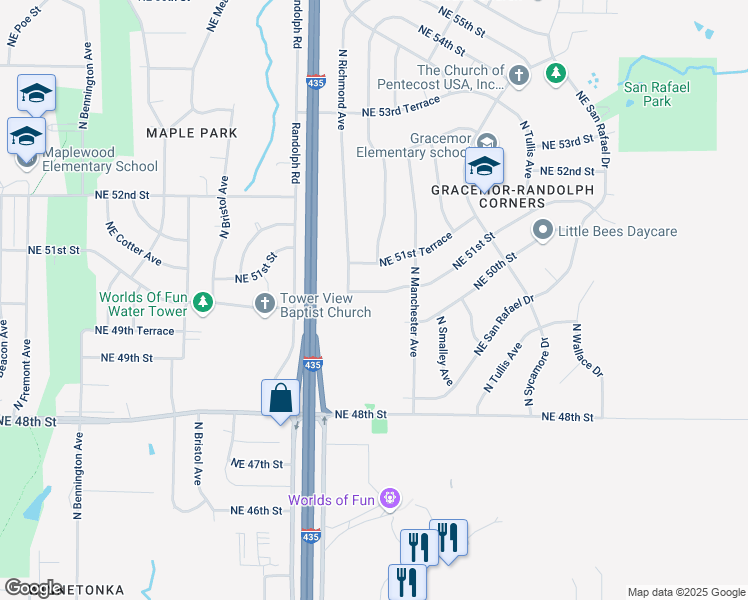 map of restaurants, bars, coffee shops, grocery stores, and more near 7721 Northeast 51st Street in Kansas City