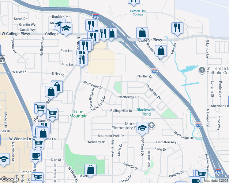 map of restaurants, bars, coffee shops, grocery stores, and more near 2816 Oxbow Lane in Carson City