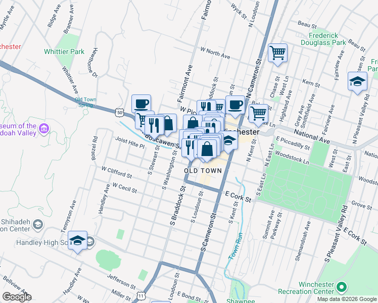 map of restaurants, bars, coffee shops, grocery stores, and more near 125 West Boscawen Street in Winchester