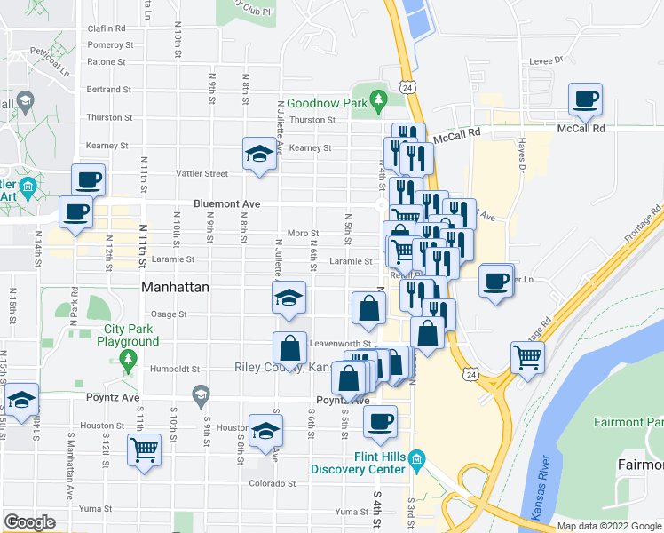 map of restaurants, bars, coffee shops, grocery stores, and more near 515 Laramie Street in Manhattan
