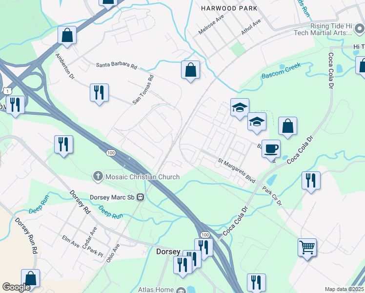 map of restaurants, bars, coffee shops, grocery stores, and more near 7505 Ledgers Way in Hanover