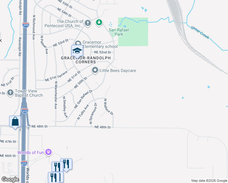 map of restaurants, bars, coffee shops, grocery stores, and more near 4922 North Wallace Drive in Kansas City