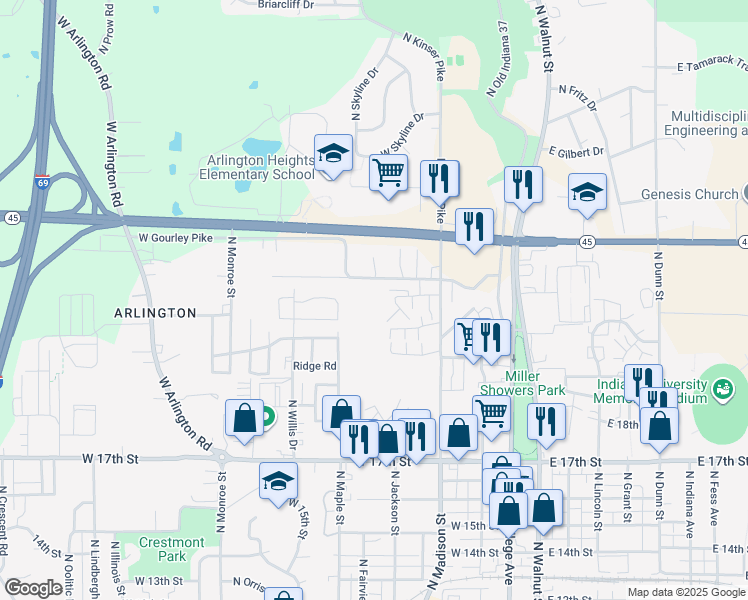 map of restaurants, bars, coffee shops, grocery stores, and more near Colonial Crest Apartment in Bloomington
