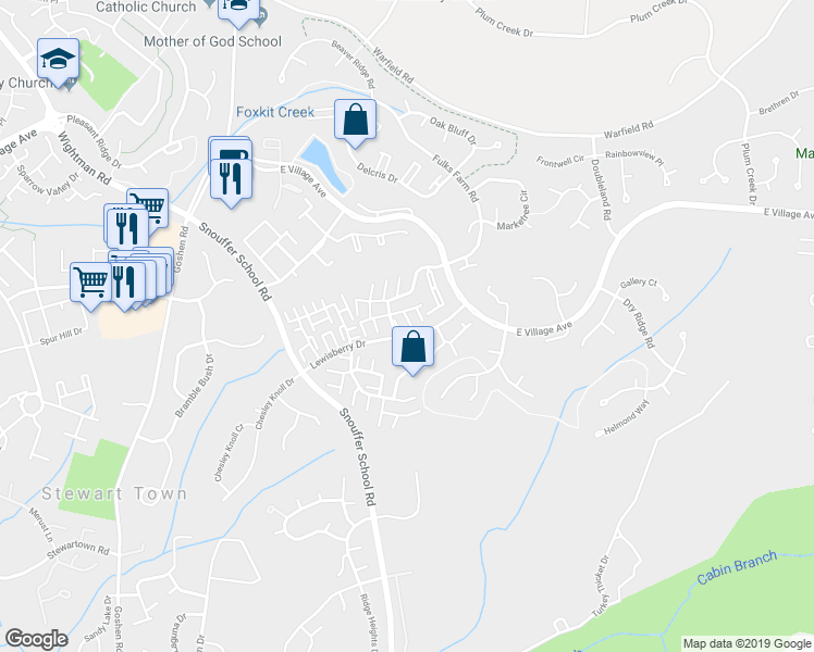 map of restaurants, bars, coffee shops, grocery stores, and more near 19900 Ivoryton Place in Montgomery Village