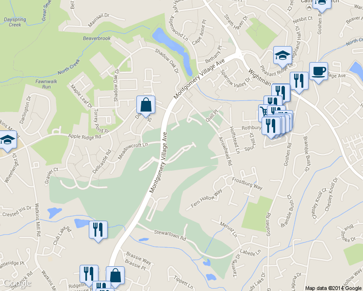 map of restaurants, bars, coffee shops, grocery stores, and more near 9541 Duffer Way in Gaithersburg
