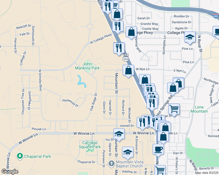 map of restaurants, bars, coffee shops, grocery stores, and more near 804 Chernus Drive in Carson City
