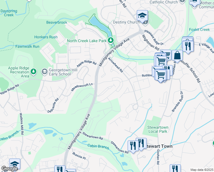 map of restaurants, bars, coffee shops, grocery stores, and more near 9541 Duffer Way in Gaithersburg