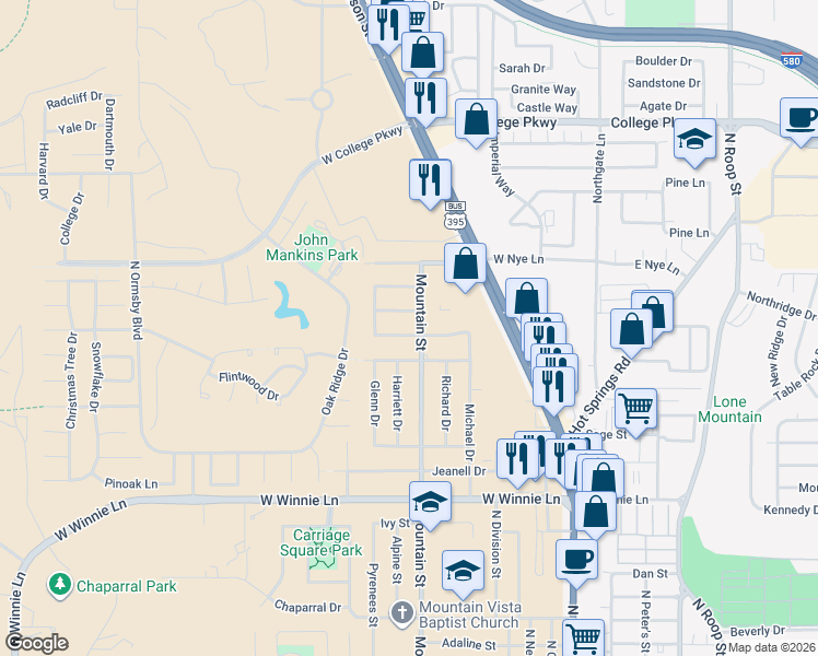 map of restaurants, bars, coffee shops, grocery stores, and more near 804 Chernus Drive in Carson City