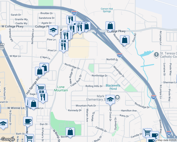 map of restaurants, bars, coffee shops, grocery stores, and more near 2816 Oxbow Lane in Carson City