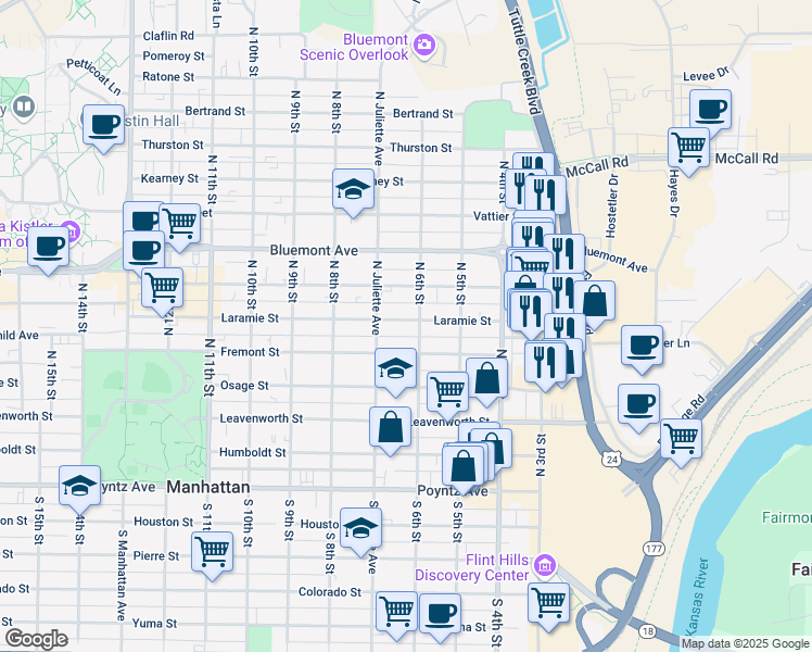 map of restaurants, bars, coffee shops, grocery stores, and more near 609 Laramie Street in Manhattan