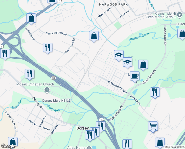 map of restaurants, bars, coffee shops, grocery stores, and more near 7479 Saint Margarets Boulevard in Hanover