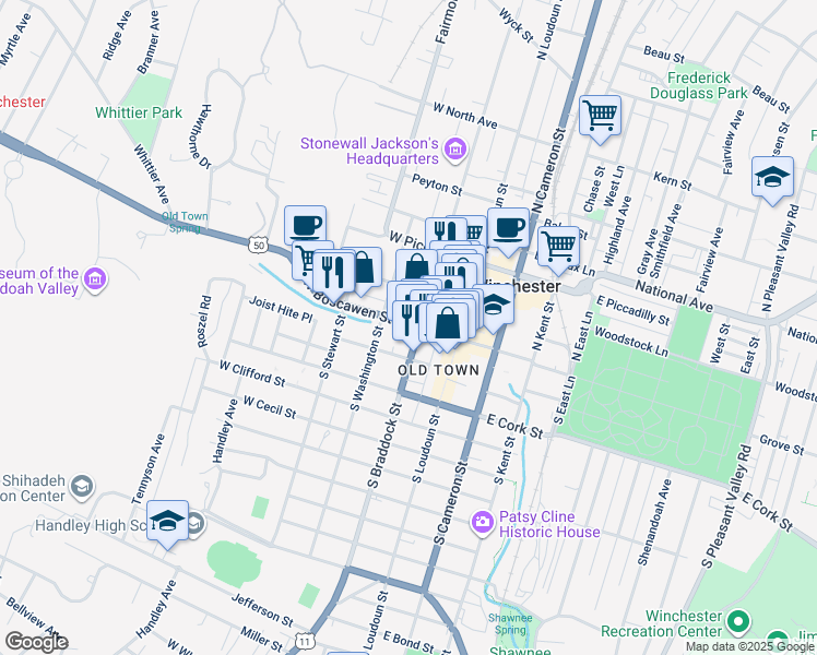 map of restaurants, bars, coffee shops, grocery stores, and more near 125 West Boscawen Street in Winchester
