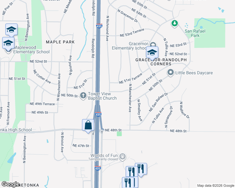 map of restaurants, bars, coffee shops, grocery stores, and more near 7721 Northeast 51st Street in Kansas City