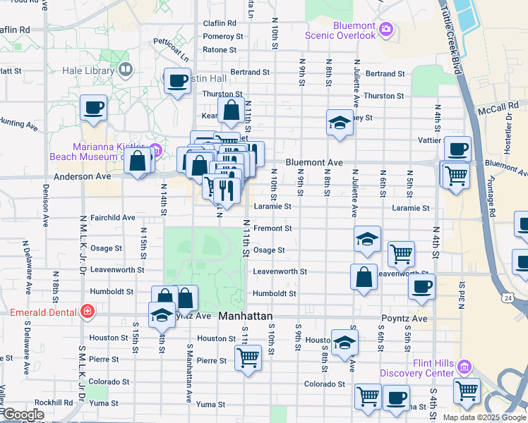 map of restaurants, bars, coffee shops, grocery stores, and more near 931 Laramie Street in Manhattan