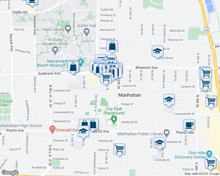 map of restaurants, bars, coffee shops, grocery stores, and more near 1135 Laramie Street in Manhattan
