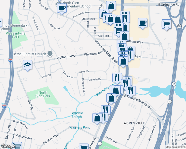 map of restaurants, bars, coffee shops, grocery stores, and more near 1317 Rippling Court in Glen Burnie