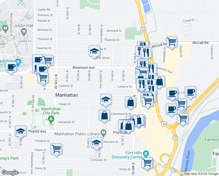 map of restaurants, bars, coffee shops, grocery stores, and more near 605 Laramie Street in Manhattan