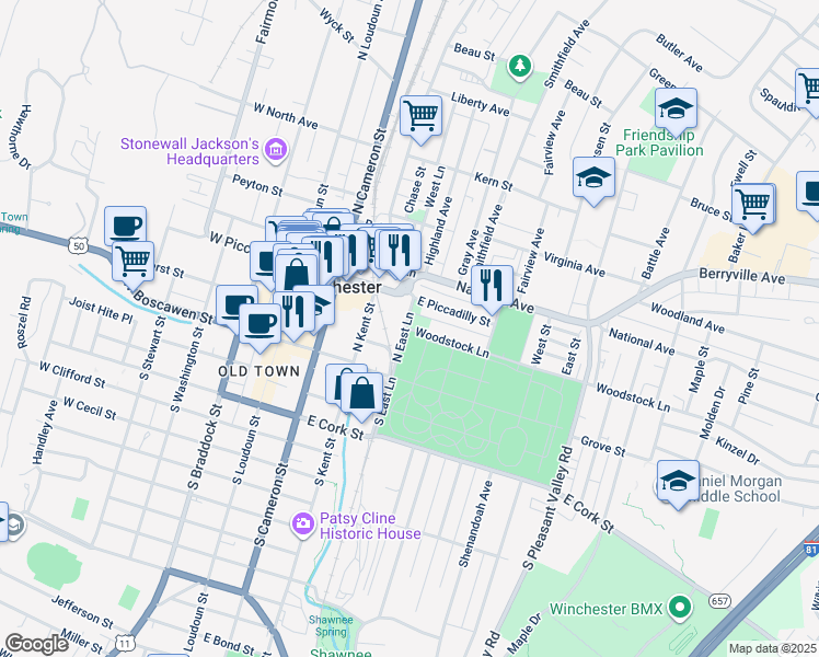 map of restaurants, bars, coffee shops, grocery stores, and more near 102 Edgar Lane in Winchester