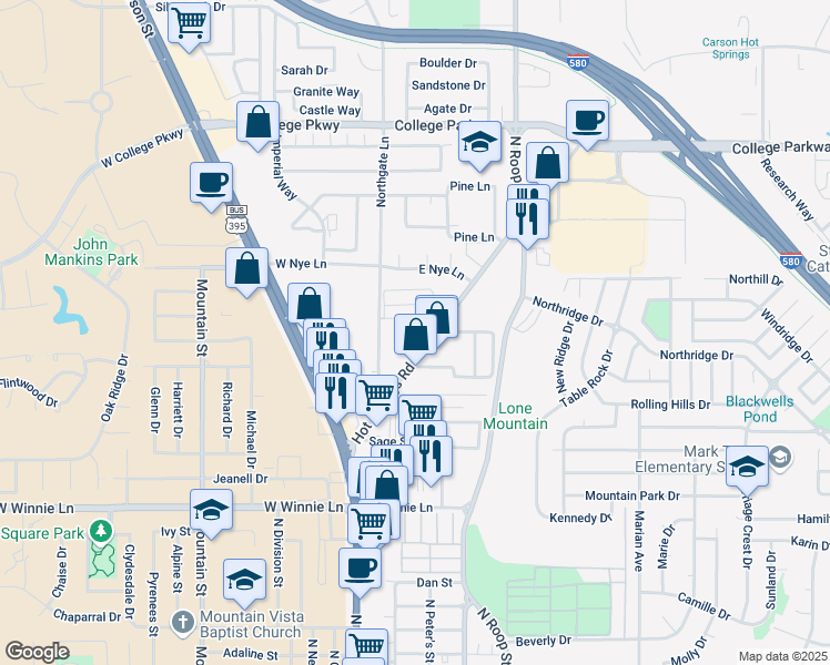 map of restaurants, bars, coffee shops, grocery stores, and more near 490 Hot Springs Road in Carson City