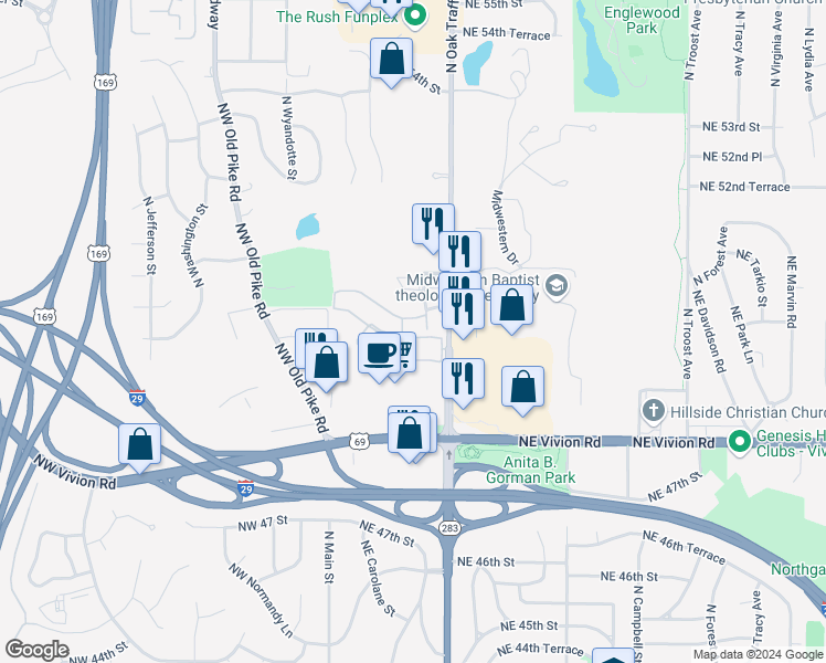 map of restaurants, bars, coffee shops, grocery stores, and more near 302 Northeast 50th Court in Kansas City