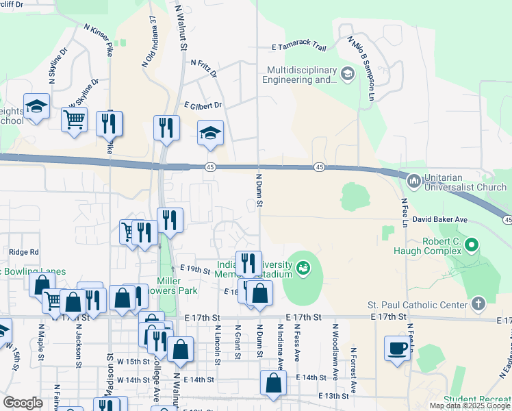 map of restaurants, bars, coffee shops, grocery stores, and more near Cedar Creek Apartment in Bloomington