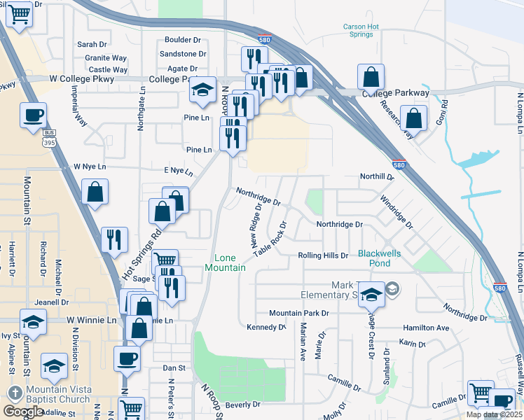 map of restaurants, bars, coffee shops, grocery stores, and more near 2663 New Ridge Drive in Carson City