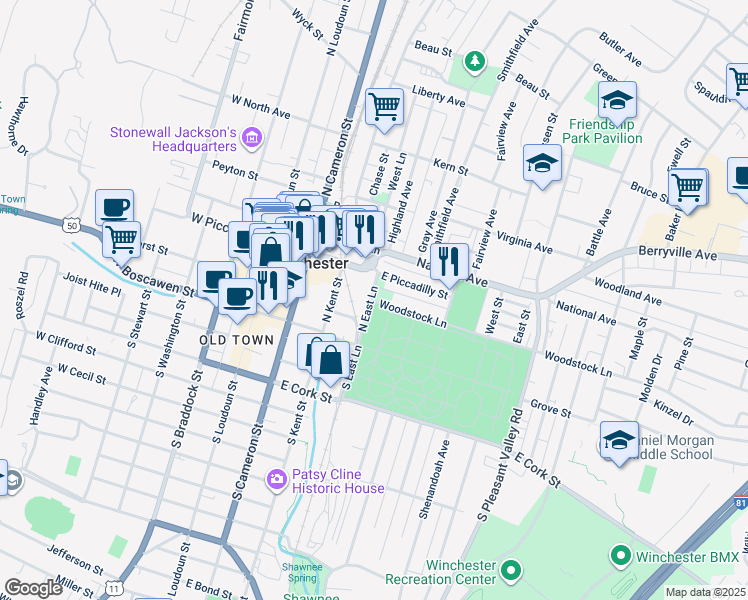 map of restaurants, bars, coffee shops, grocery stores, and more near 104 Pomo Lane in Winchester