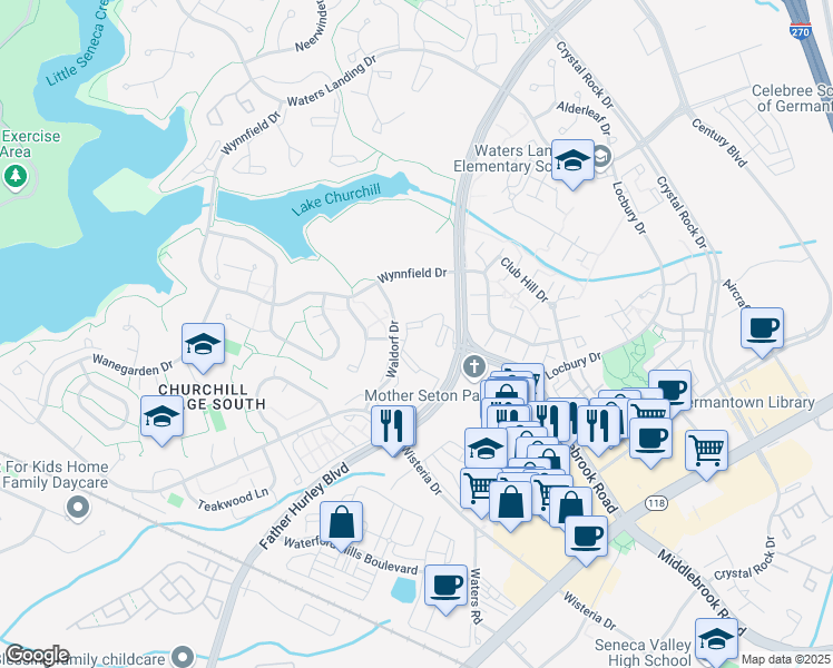 map of restaurants, bars, coffee shops, grocery stores, and more near 20003 Sweetgum Circle in Germantown