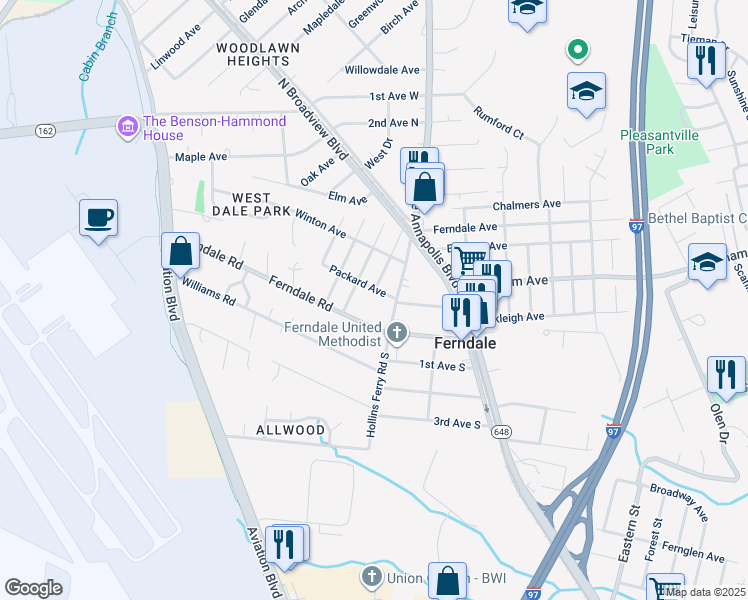 map of restaurants, bars, coffee shops, grocery stores, and more near 205 Packard Avenue in Glen Burnie