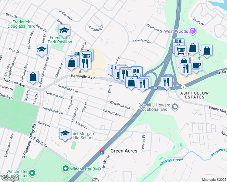 map of restaurants, bars, coffee shops, grocery stores, and more near 500 Elm Street in Winchester
