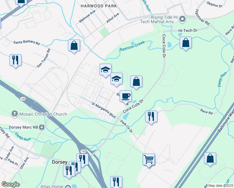 map of restaurants, bars, coffee shops, grocery stores, and more near Banbury Drive in Elkridge