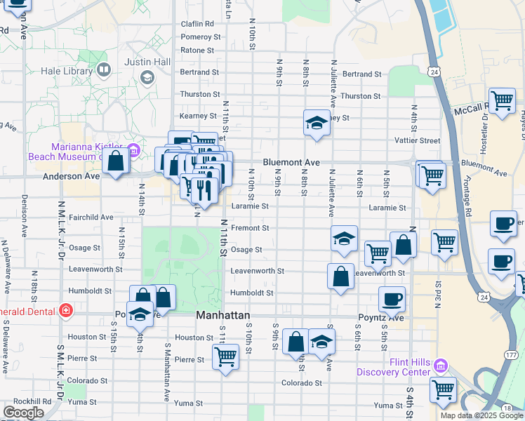 map of restaurants, bars, coffee shops, grocery stores, and more near 917 Laramie Street in Manhattan