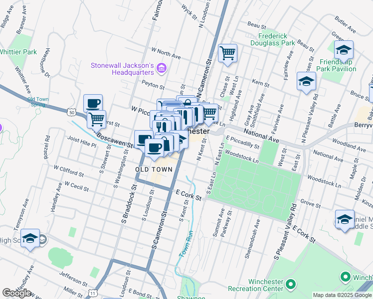 map of restaurants, bars, coffee shops, grocery stores, and more near 106 North Cameron Street in Winchester