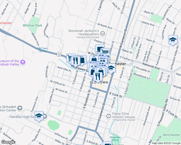 map of restaurants, bars, coffee shops, grocery stores, and more near 125 West Boscawen Street in Winchester