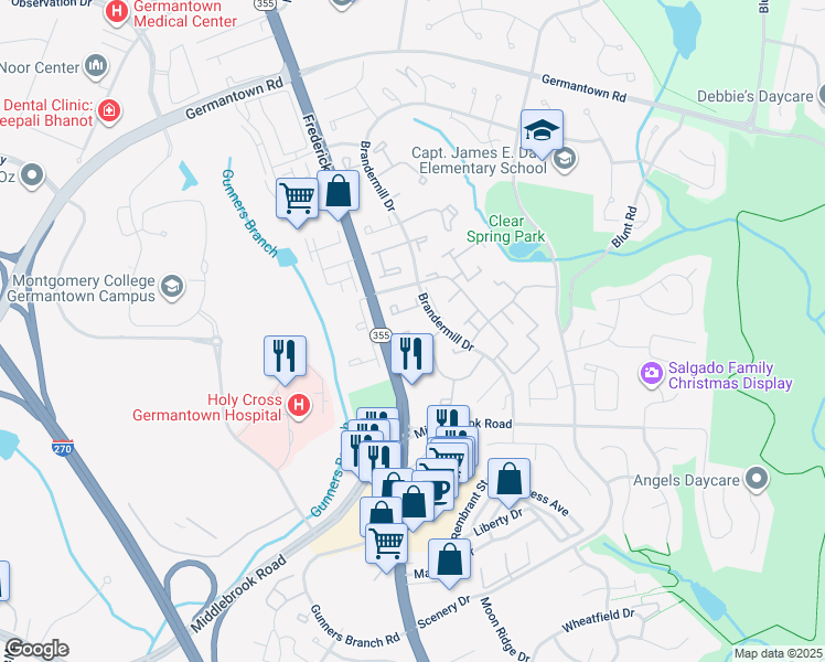 map of restaurants, bars, coffee shops, grocery stores, and more near 11437 Stoney Point Place in Germantown