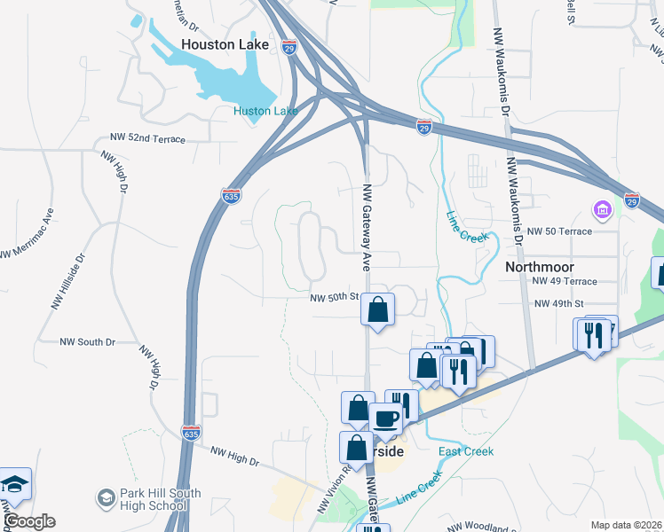 map of restaurants, bars, coffee shops, grocery stores, and more near 5008 Northwest Flintridge Drive in Riverside