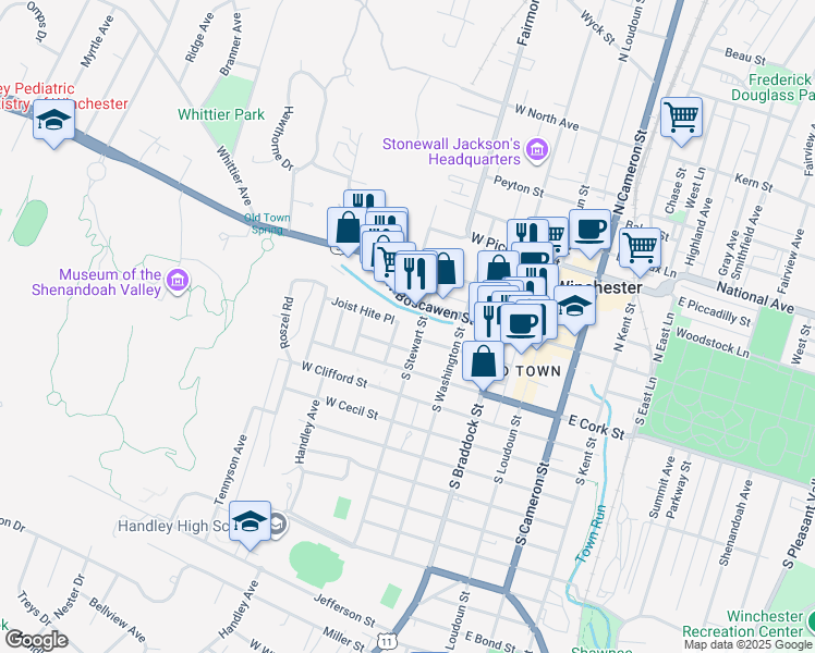 map of restaurants, bars, coffee shops, grocery stores, and more near 15 South Stewart Street in Winchester