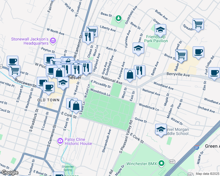 map of restaurants, bars, coffee shops, grocery stores, and more near 379 East Piccadilly Street in Winchester