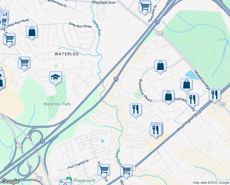 map of restaurants, bars, coffee shops, grocery stores, and more near 8060 Potter Place in Elkridge