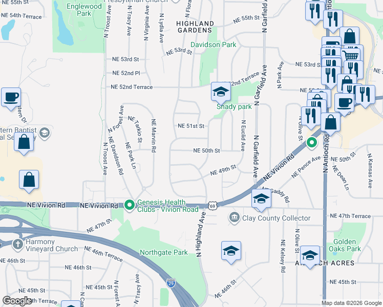 map of restaurants, bars, coffee shops, grocery stores, and more near 1533 Northeast 50th Street in Kansas City